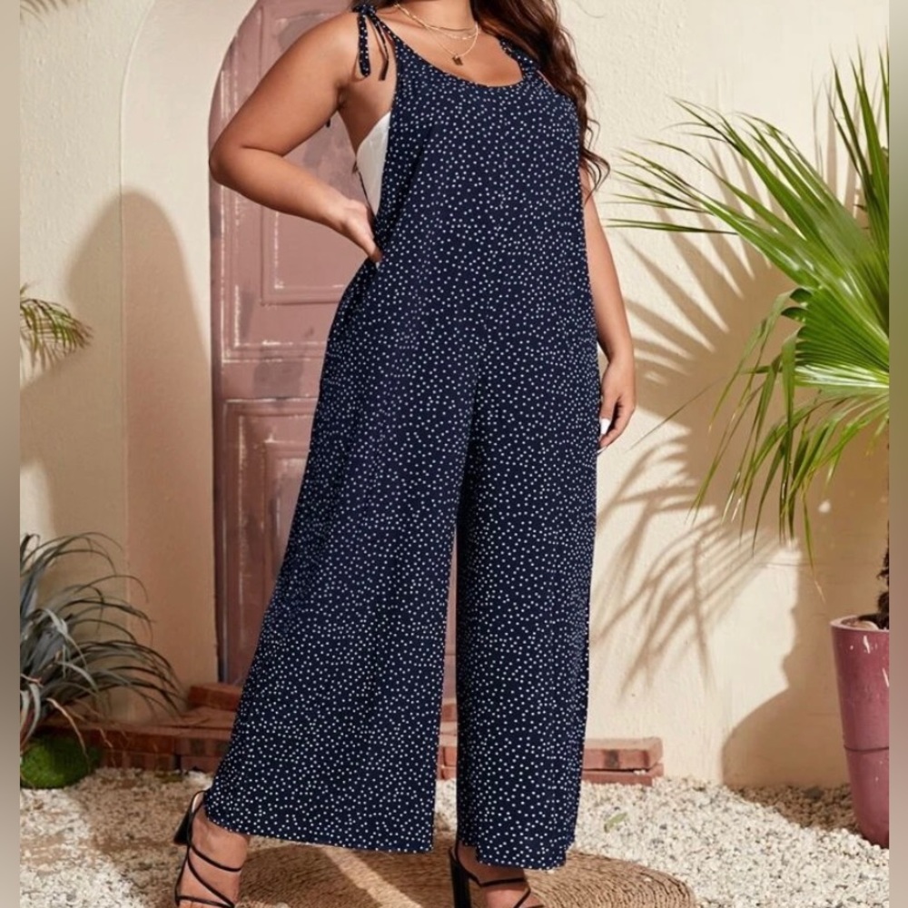 PLUS POLKA DOT KNOT SHOULDER CAMI POCKET WIDE LEG JUMPSUIT DRESS NAVY BLUE